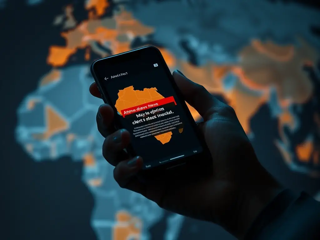 A smartphone displaying a news alert with a map of Africa in the background, symbolizing the Flash Brief service.
