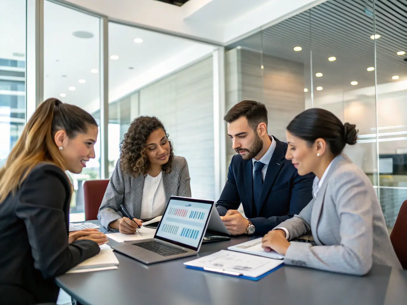 A team of analysts reviewing geopolitical risk reports and maps in a modern office setting, representing the Strategic Retainer service.