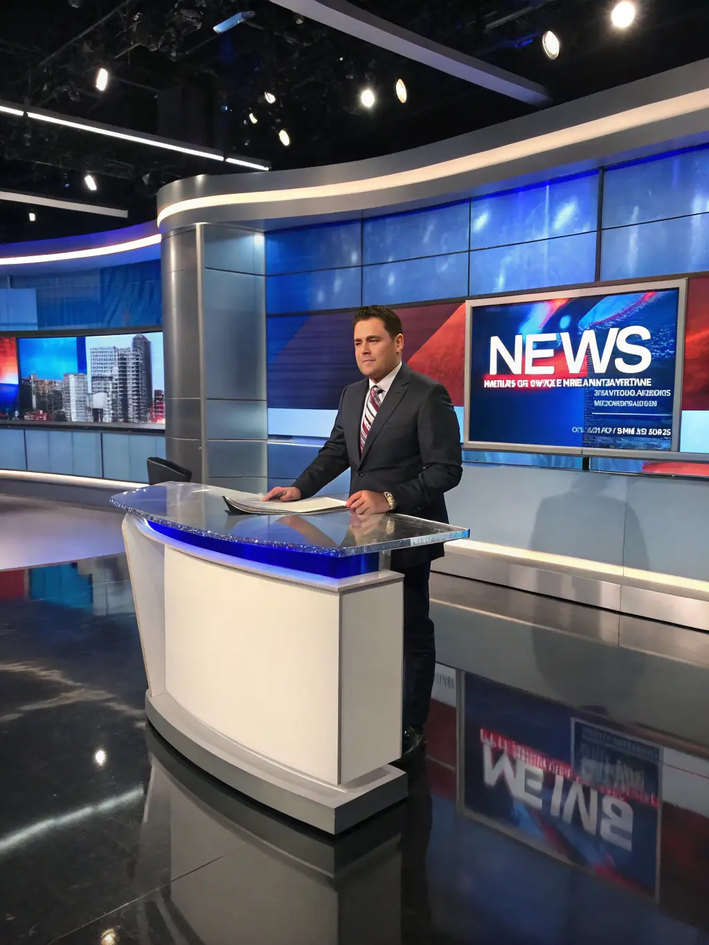 A professional photo of a news anchor delivering a flash brief in a modern studio setting, conveying urgency and real-time information.