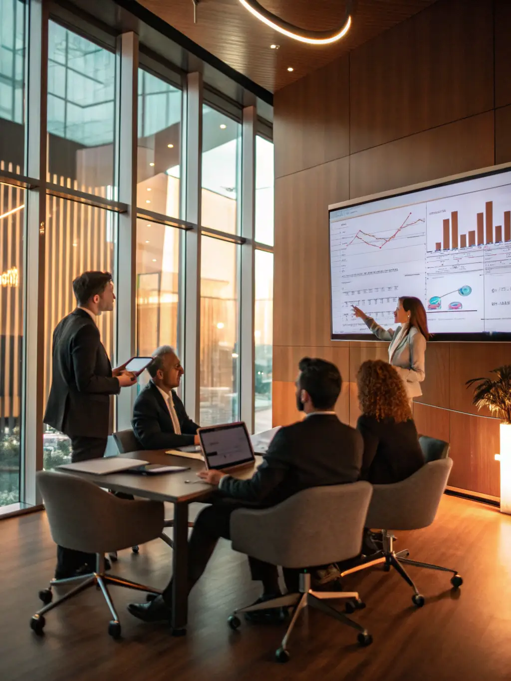 An image of a strategic planning meeting with executives analyzing geopolitical risk data on a large screen, emphasizing collaboration and informed decision-making.